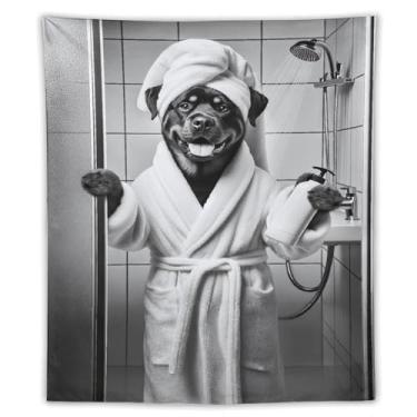Imagem de Rottweiler com loção tapeçaria preto branco chuveiro cena engraçada animal de estimação arte pendurar na parede decoração de casa alegre para banheiro quarto vibe 70 x 90 tapeçaria