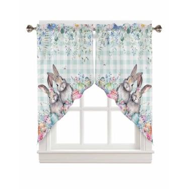 Imagem de Cortina de Páscoa com saia de folhas de eucalipto, coelhinho, cortinas de cozinha, sanefas para janelas, primavera, xadrez, verde, cortinas de janela, camadas para cozinha, quarto, sala de estar,