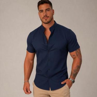 Imagem de Camisa Social Masculina Gola Padre Manga Curta Slim Fit - Volgue, Azul