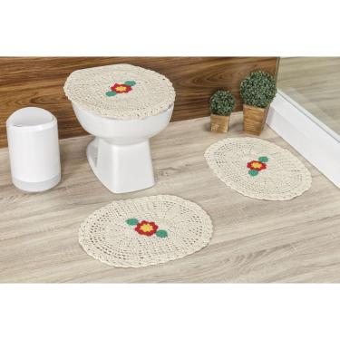Imagem de Jogo de Banheiro Tapete de Crochê Flora 3 peças feito a mão