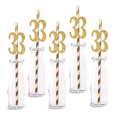 Imagem de Decoração de canudo de papel de 33º aniversário, 24 unidades de números de corte de glitter dourado real Happy 33 anos canudos decorativos de festa