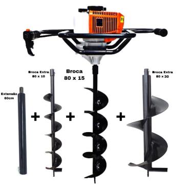 Imagem de KIT Perfurador de Solo Vulcan VPS520-S 2T 52CC 2,5HP com Broca 80x15cm + Brocas Extras 80x10 e 80x30cm + Extensão Extra 60cm com Pino Trava