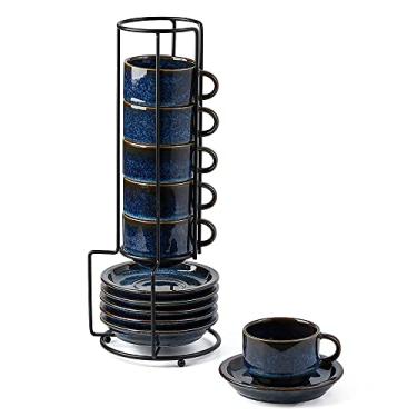 Imagem de JIEMEI HOME Copos de café expresso empilháveis de porcelana com pires e suporte de metal, xícaras de 118 ml para bebidas de café, café com leite, chá - conjunto de 6, canecas de café expresso