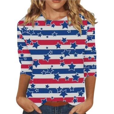 Imagem de Camisetas femininas 4th of July Flag American Flag Star Stripes 3/4 Sleeve Fourth of July Shirts Going Out Tops 2024, B - azul celeste, G