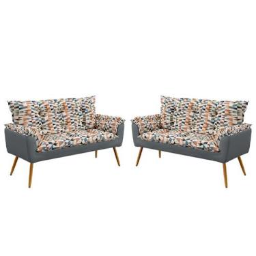 Imagem de Kit 2 Poltronas Namoradeira Beta Suede Estampado Laranja com Cinza Ara