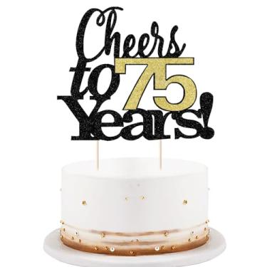 Imagem de LVEUD Fonte preta números dourados Cheers to 75 Years Happy Birthday bolo Topper - Casamento, Aniversário, Decorações de festa de aniversário (75th)