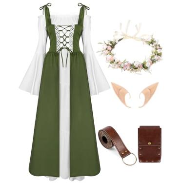 Imagem de Foaincore Vestido renascentista feminino fantasia de fada medieval com coroa de flores, cinto, bolsa e orelhas de elfo para Halloween (verde, médio)