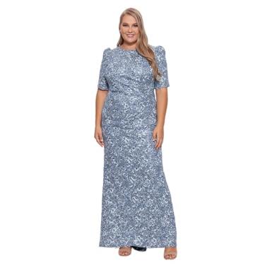 Imagem de Xscape Vestido feminino plus size longo floral renda lantejoulas franzido lateral, Azul/prata, 54
