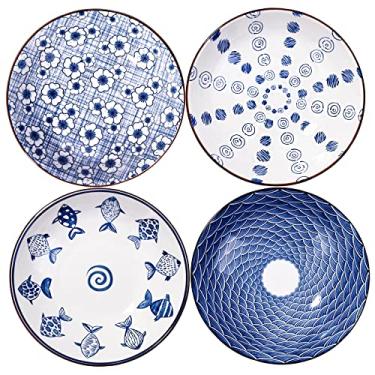 Imagem de Conjunto de 4 pratos de jantar de cerâmica, pratos azuis e brancos, pratos de sobremesa, pratos de salada, prato raso para jantar, prato raso para aperitivo de massa, sobremesa, lanche, forno de