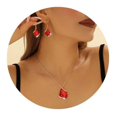 Imagem de Conjunto Colar e Brincos Pedras Strass Luxo Tendência Vermelho - anjo 