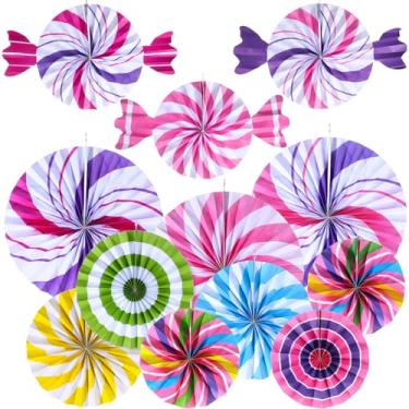 Imagem de Outus 12 peças de decorações Candyland para pendurar leques de papel com tema de doces, decorações de sala de aula, leque de papel pirulito, colorido, hortelã-pimenta, decoração de parede de teto,