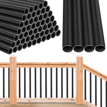 Imagem de Yaocom Pacote com 180 balaústres de alumínio de 66 cm, trilhos de metal preto de 0,9 cm, eixos redondos vazados para varanda e trilhos de escada interna para deck de madeira e composto
