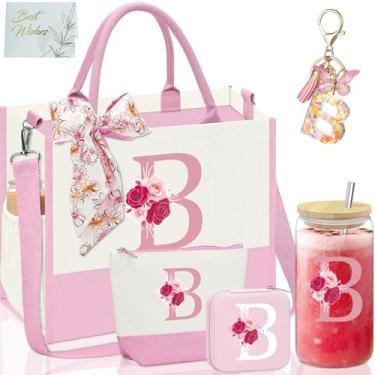Imagem de AiHeart Sacola de lona inicial, presentes de aniversário para mulheres, presentes com monograma para mulheres, copo de vidro inicial, presentes personalizados para mulheres, bolsa de maquiagem