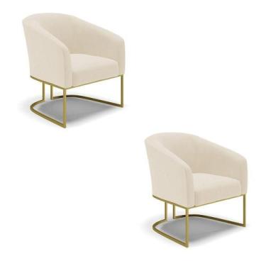 Imagem de Kit 02 Poltronas Linho Base Industrial Dourada A19 Bege - DROSSI