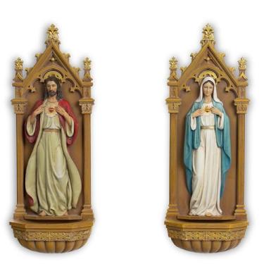Imagem de Escultura Católica BC Imaculado Coração de Maria e Sagrado Coração de Jesus, 23 cm H Fonte de Água Benta Conjunto de 2 peças, Presente Religioso da Mãe, Pintado à Mão por Buildclassic