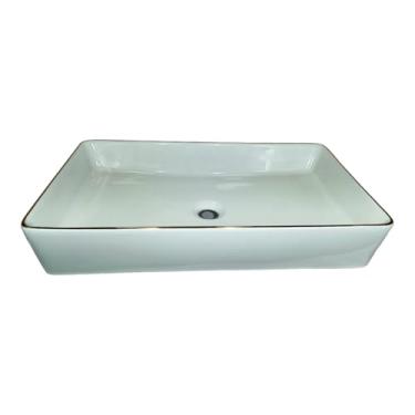 Imagem de Cuba Para Banheiro Sobrepor Ceramica Branca Detalhe Dourado