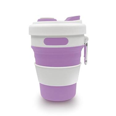Imagem de iEWENi Copo de viagem dobrável de 500 ml com tampa e gancho de metal reutilizável de silicone para bebida quente/fria, portátil, acampamento, caminhada, micro-ondas e lava-louças (roxo)