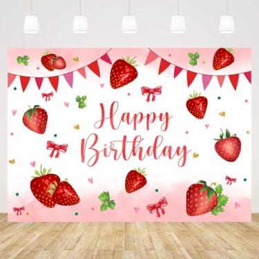 Imagem de InMemory Pano de fundo de aniversário de morango, baga doce, vermelho, rosa, meninas, decorações de festa de feliz aniversário, papel de parede, banner, suporte para cabine fotográfica, 2,1 x 1,5 m