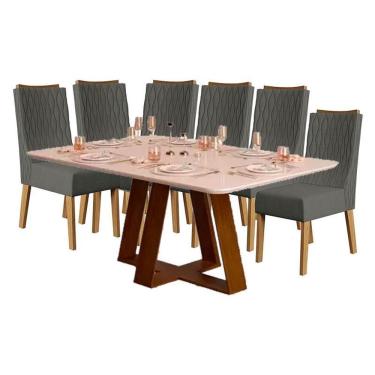Imagem de Mesa De Jantar Kiara Freijó Off White Com 6 Cadeiras Jade Carvalho Nobre Suede Chumbo - Dj Móveis
