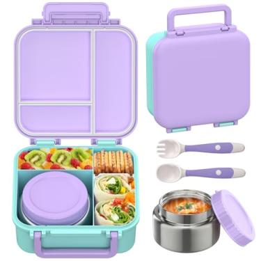 Imagem de Lancheira Bento para crianças com garrafa térmica de 255 g, recipientes à prova de vazamentos com 3 compartimentos, tamanho adequado para crianças, lancheira durável/lavável na lava-louças para escola