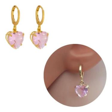 Imagem de Brinco Argolinha Pedra Coração Cristal Rosa Bebê Folheado Ouro 18k Ant