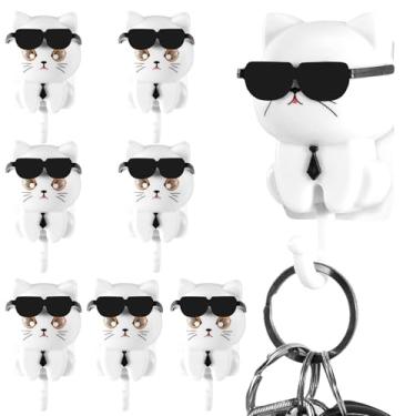 Imagem de 8 peças de porta-chaves de gato fofo, gancho para chave de gato, óculos de sol de desenho animado, gancho autoadesivo para chave de gato, decorações de pendurar na parede, gancho de parede de gato