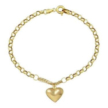 Imagem de Pulseira Feminina Portuguesa Grossa 19cm Ouro 18k 750 Pingente Coração