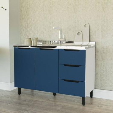 Imagem de Balcão para Pia 120 cm 2 Portas 3 Gavetas Meena Branco Azul Politorno Móveis