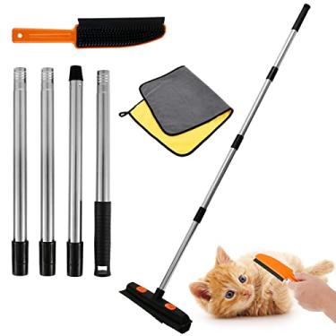 Imagem de 3 peças de vassoura de borracha com alça ajustável de 124,5 cm, toalha de escova removedora de fiapos, vassoura de ancinho de carpete lavável, removedor de pele reutilizável para piso de azulejo