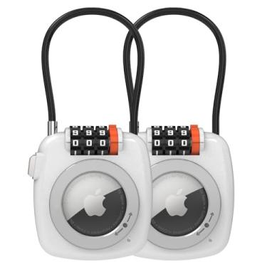 Imagem de TUXON Compatível com Apple AirTag Secure Lock com cabo de arame, fechaduras de bagagem de combinação de 3 dígitos, corpo de liga ultradurável, capa protetora antiperda para bagagem, mala (branco * 2)