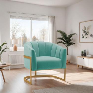 Imagem de Poltrona De ativa Sala De Estar Mavie Base De Ferro Dourado Suede Móveis Azul Tiffany