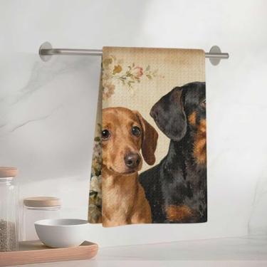 Imagem de Toalhas de cozinha vintage com padrão floral e dachshund 40 x 58 cm, toalha de prato decorativa de microfibra absorvente, toalhas de mão de waffle para cozinha, casa, banheiro, presentes para amantes