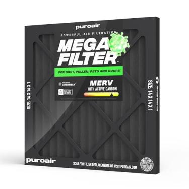 Imagem de PuroAir Mega Filtro MERV 13 14 x 14 x 1 para casa com carvão ativado - filtros de alérgenos, pelos de animais de estimação, fumaça, poeira - forno e filtro AC - Filtro de ar 14 x 14 x 1 MERV 13