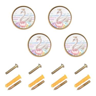 Imagem de Burbuja Cisne fofo com coroa puxadores de armário de cozinha, pacote com 4, puxadores redondos de 3,5 cm, puxadores de cômoda com parafusos para armários de cozinha, quarto, armário