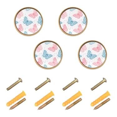 Imagem de Burbuja Borboletas em cores suaves maçanetas de armário de cozinha, pacote com 4, puxadores redondos de 3,5 cm, puxadores de cômoda com parafusos para armários de cozinha, quarto, armário