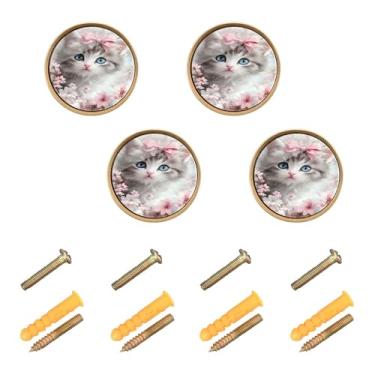 Imagem de Burbuja Puxadores de armário de cozinha com flores fofas, pacote com 4, puxadores redondos de 3,5 cm, puxadores de cômoda com parafusos para armários de cozinha, quarto, armário