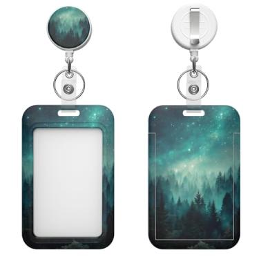 Imagem de Porta-crachá retrátil com clipe de mosquetão e chaveiro, várias opções de padrões, bonito e moderno (floresta verde escuro)