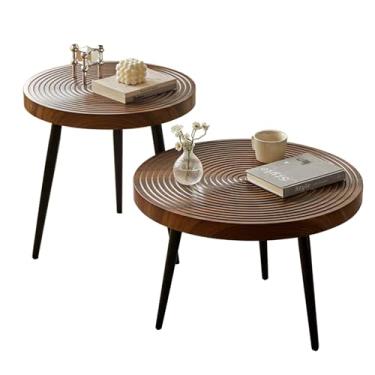 Imagem de Conjunto de 2 mesas de centro redondas industriais para sala de estar, mesas laterais empilháveis, mesa de centro de madeira, mesa lateral para sala de estar, mesa lateral de sofá (cor nogueira)