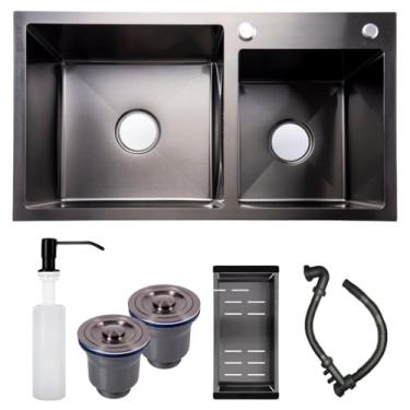 Imagem de Cuba Dupla Premium de Cozinha Quadrada Preta Inox78x43 SOFTINOX Acabamento Preto Escovado Acompanha Kit com Dispenser, Válvula, Cesto Escorredor e Kit de Instalação