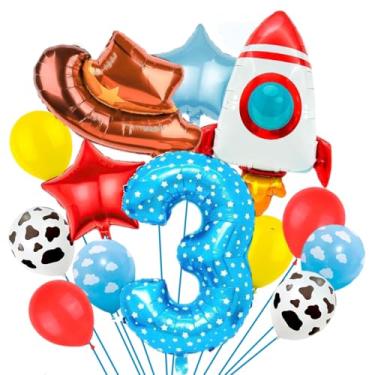 Imagem de Toy Themed 32 Inch Number 3 Balloon Set, Happy Birthday Decorations with Rocket, Cowboy Hat, Blue Stars, Clouds & Cow Balloons for 3st Birthday Party Photo Backdrop, 13 Pieces