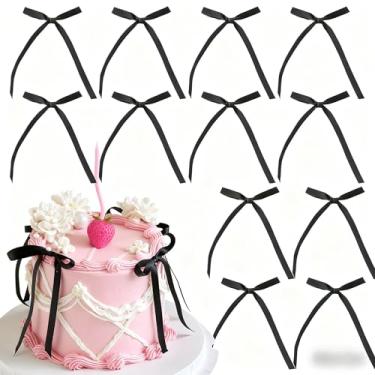 Imagem de BAISUYANG 20 Pcs Bow Cake Toppers Ribbons Bows for Cake Bow Themed Bow Cupcake Toppers Bow Birthday Decorations for Baby Shower Birthday Wedding Bachelorette Valentine's Day Party Supplies (black)