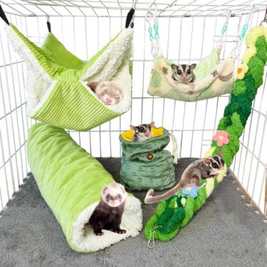 Imagem de Rede para furões, pacote com 5, cordas de escalada, brinquedos para pendurar em túnel de rato, rede de balanço para esconderijo de porquinho-da-índia, acessórios para cama para hamster, rato, esquilo