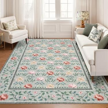 Imagem de GarveeHome Tapetes laváveis de 20 x 25 cm para sala de estar, cinza e verde, boêmio, antiderrapante, macio, macio, resistente a manchas, design floral, vintage, tapete grande para quarto, sala de