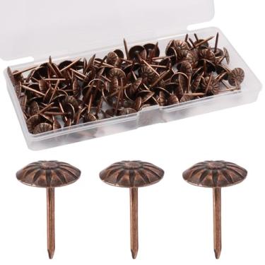 Imagem de Rierdge Tachinhas de estofamento de cobre vermelho, 120 peças de unhas decorativas de móveis vintage com padrão margarida, pinos de estofamento resistentes de 17/40.6 cm para sofá, cadeira, cama