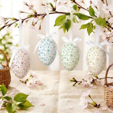 Imagem de Gemscream 24 peças de enfeites de ovos de Páscoa, decorações coloridas de ovos de Páscoa com laço de coelho e desenhos florais para decoração de cesta de árvores, lembrancinhas de festa (estilo retrô