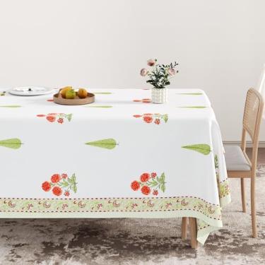 Imagem de Stitch Haven Toalha de mesa Tangerine Meadow 152 x 228 cm – Estampa em bloco feita à mão, laranja e verde, 100% algodão, lavável na máquina, toalha de mesa retangular | Coleção de palmeiras e pétalas