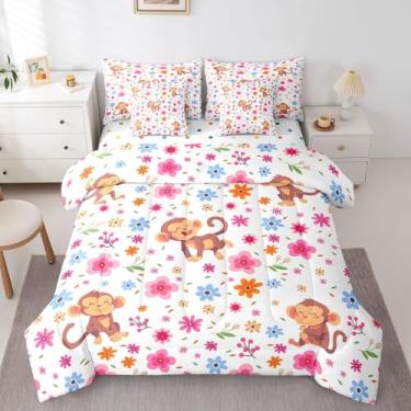 Imagem de Conjunto de edredom com estampa de macaco de desenho animado Queen, chique, floral, para meninas e meninos, kawaii, canteiro de flores rosa em uma bolsa, conjunto de cama reversível de bolinhas