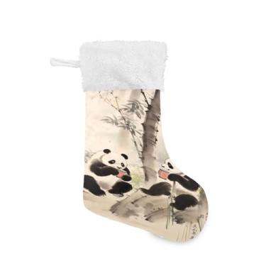 Imagem de ATTX Meias de Natal de bambu panda chinês, suportes de presente brancos de pelúcia para decorações de festas de fim de ano (48 cm, pacote com 2) #267