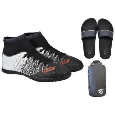 Imagem de Chuteira Futsal Botinha Adulto Costurada Quadra + Chinelo Slide + Moch