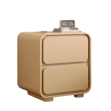 Imagem de Mesa de cabeceira estilo creme de sofá, mesa de cabeceira moderna simples de couro, armário de armazenamento de madeira maciça para quarto, mesa pequena